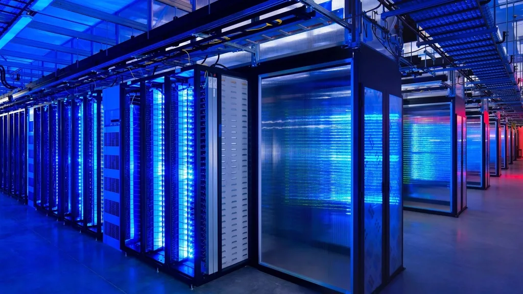 La sala server di un data center, illuminata di blu, dove sono custoditi i dati.